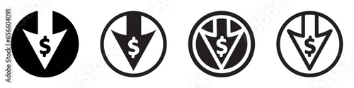 Set of cost reduction icon. Dollar down icon, dollar decrease. Cost price low, vector.