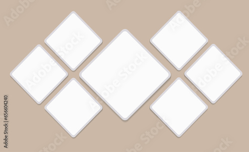 7 white square photo cards.  Set of empty rhombus photo frames. Website banner template, flyer, leaflet. Vector Mockup for design, collages, advertising. Blank template on beige. EPS10.
