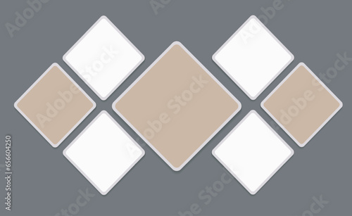 Set of empty rhombus photo frames. 7 square photo cards. Website banner template, flyer, leaflet. Vector Mockup for design, collages, advertising. Blank template grey background. EPS10.