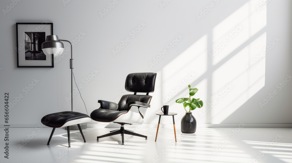 A white room with a single black leather chair set in the corner A white room with a single black leather chair set in the corner