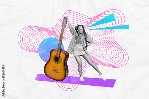 Creative drawing collage picture of excited young female youngster play guitar music have fun party disco dance billboard template metaphor