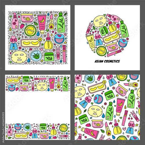 Set of cards with doodle Asian cosmetics icons.