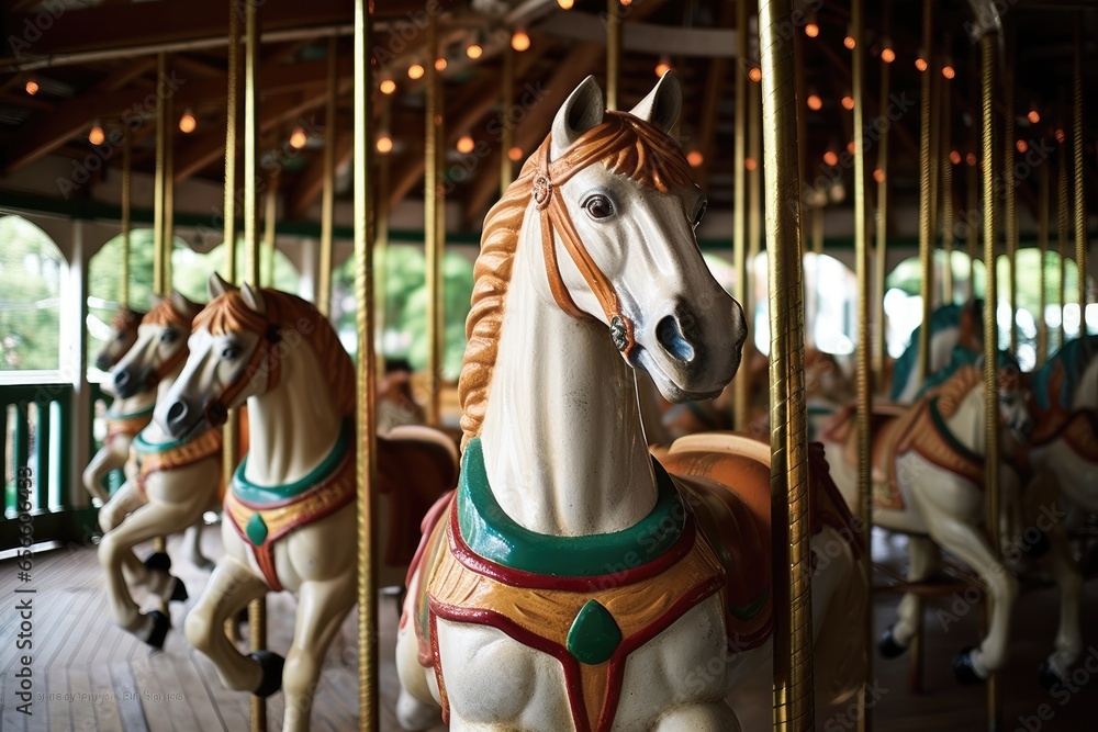 carousel with wooden horses in an amusement park (Generative AI)