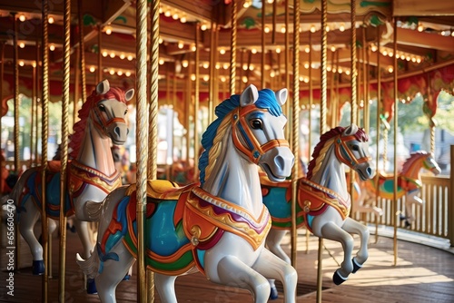 carousel with wooden horses in an amusement park (Generative AI)