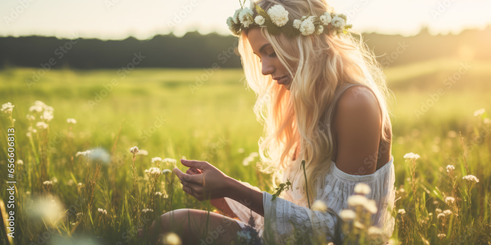 Captivating blonde hippie woman crafting a flower crown in open field. - obrazy, fototapety, plakaty 