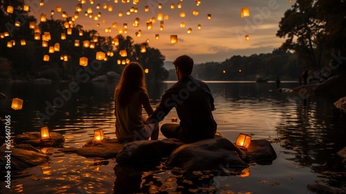 A couple releasing Chinese lanterns into the night sky at a lakeside retreat, surrounded by nature's beauty