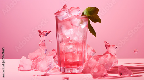 clear and transparent pink glass with ice cube on pink tabletop on a pink background © Januar