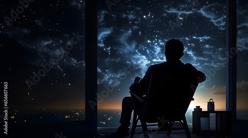 silhouette of a person sitting on a chair seeing beauty night sky