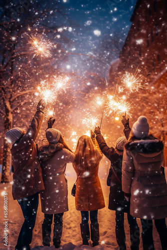 Happy people in warm clothes celebrate Christmas and New Year with burning sparklers on a winter snowy street. Back view. Christmas holidays