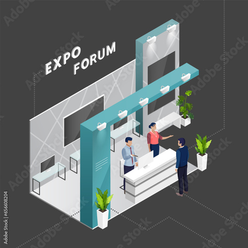 Vector Isometric Illustration of Indoor Trade exhibition Expo Stand Zone for Presentation with Counter, Tables, Screens, People and Plants