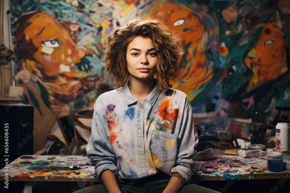 Young female artist posing amidst her modern artworks and paints in her studio