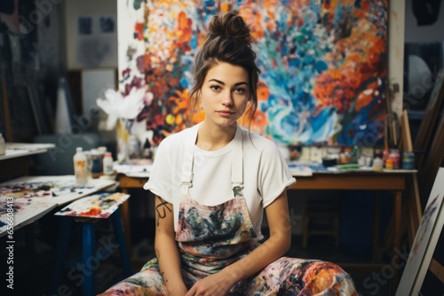 Young female artist posing amidst her modern artworks and paints in her studio