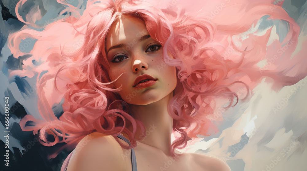 portrait of a woman with curly pink hair ai generated