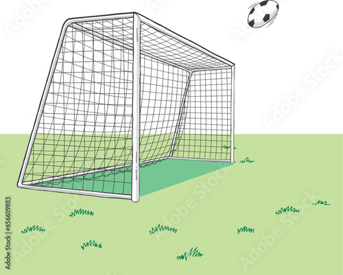 Soccer goal and football on the field. Hand drawing of flat design cartoon style illustration.