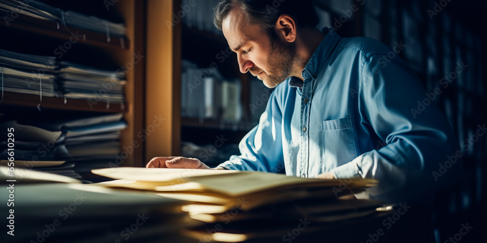 Captivating archivist carefully handling an old document in a dimly-lit room. - obrazy, fototapety, plakaty 