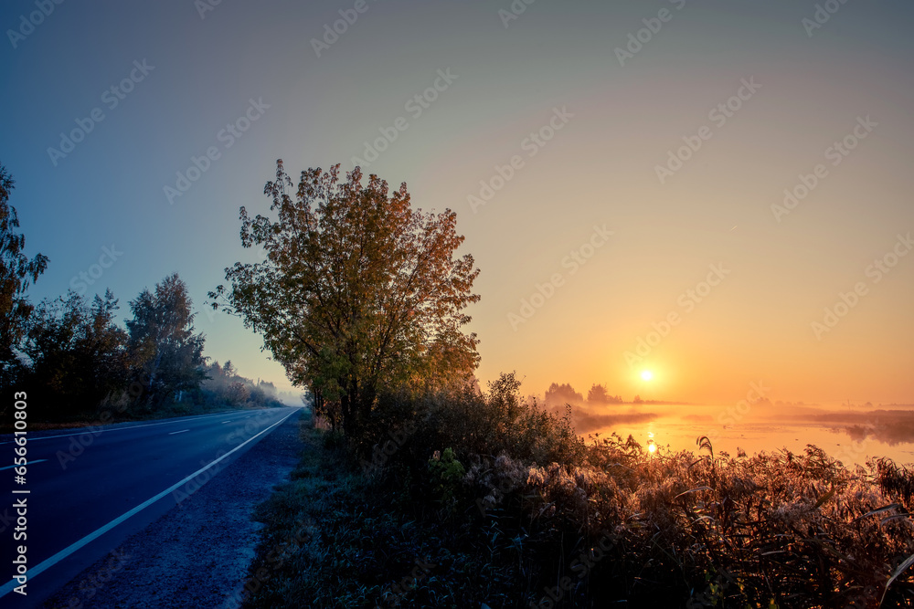 Asphalt road through the evergreen forest in a white fog. Autumn landscape with road and lake. Travel destinations, vacations, freedom, ecotourism, pure nature.