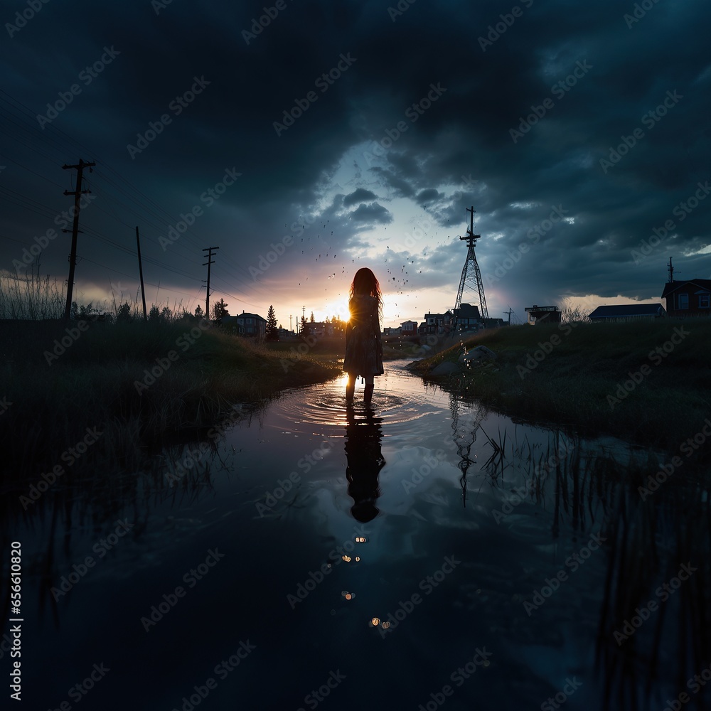 silhouette of a woman on a wet road