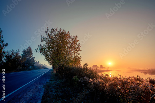 Asphalt road through the evergreen forest in a white fog. Autumn landscape with road and lake. Travel destinations, vacations, freedom, ecotourism, pure nature.