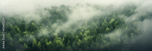 Pine Forest, Wide. Fog and mist in the Nature.