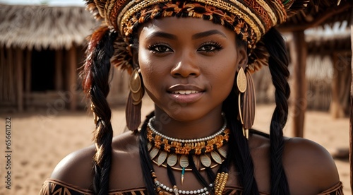 Portrait shot of beautiful zulu woman, african american female, native black lady background, banner with copy space text 