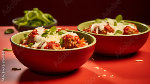 Advertising concept of Meatballs in a bowl on red background