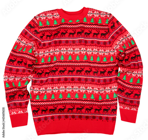 Red knitted Christmas crewneck jumper (aka Ugly Sweater) isolated