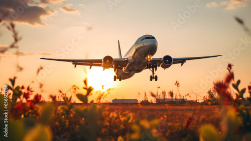 airplane flying over the beauty sunset