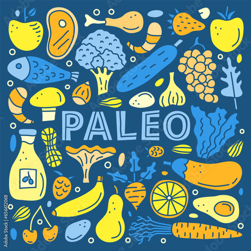 Poster with lettering paleo and doodle colorful foods.