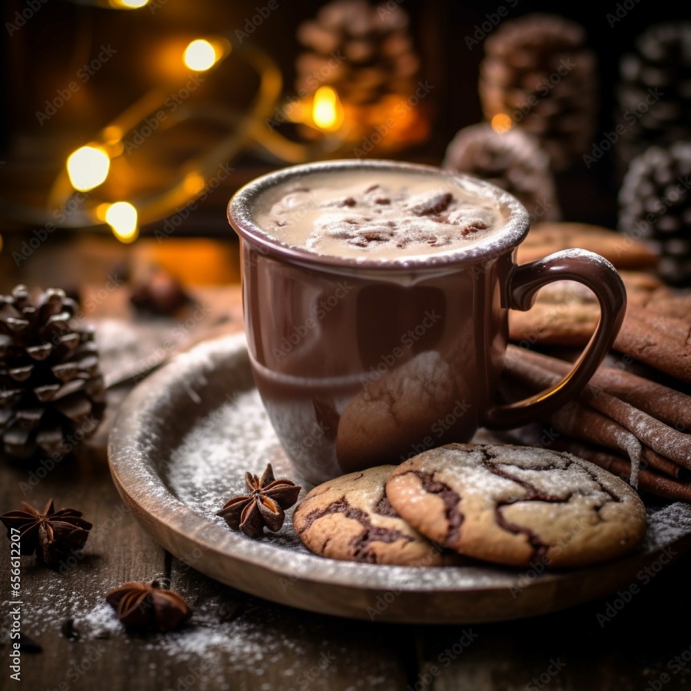 Cup of coffee with cookies on wooden table in front of Christmas lights Cup of coffee with cookies on wooden table in front of Christmas lights