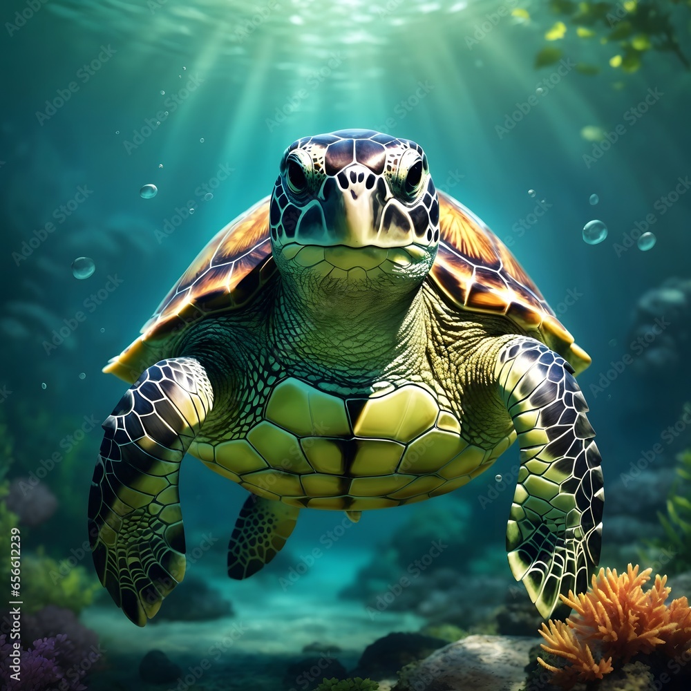 Fototapeta premium Green sea turtle illustration Ai Generative