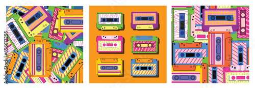 70's, 80's cassette tape vintage retro background. Fashionable poster simple graphic old style with heart and flash.