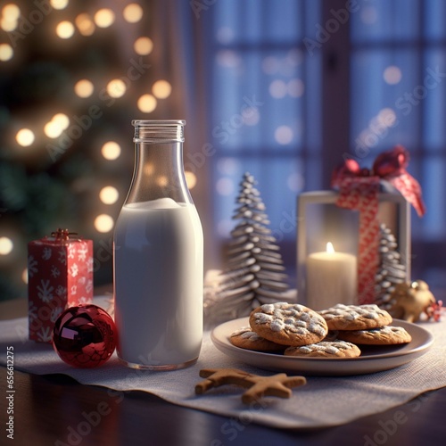 Milk and cookies with christmas decoration on wooden background. Selective focus.