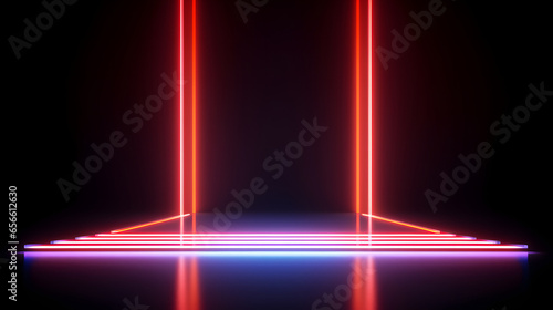 Glowing red vertical neon lights, stage design, empty podium for product display
