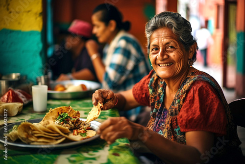 Mexican woman eating taccos  