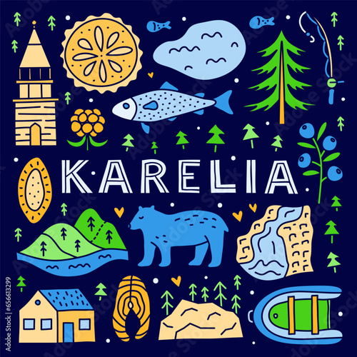 Poster with lettering and doodle colorful Karelia icons.