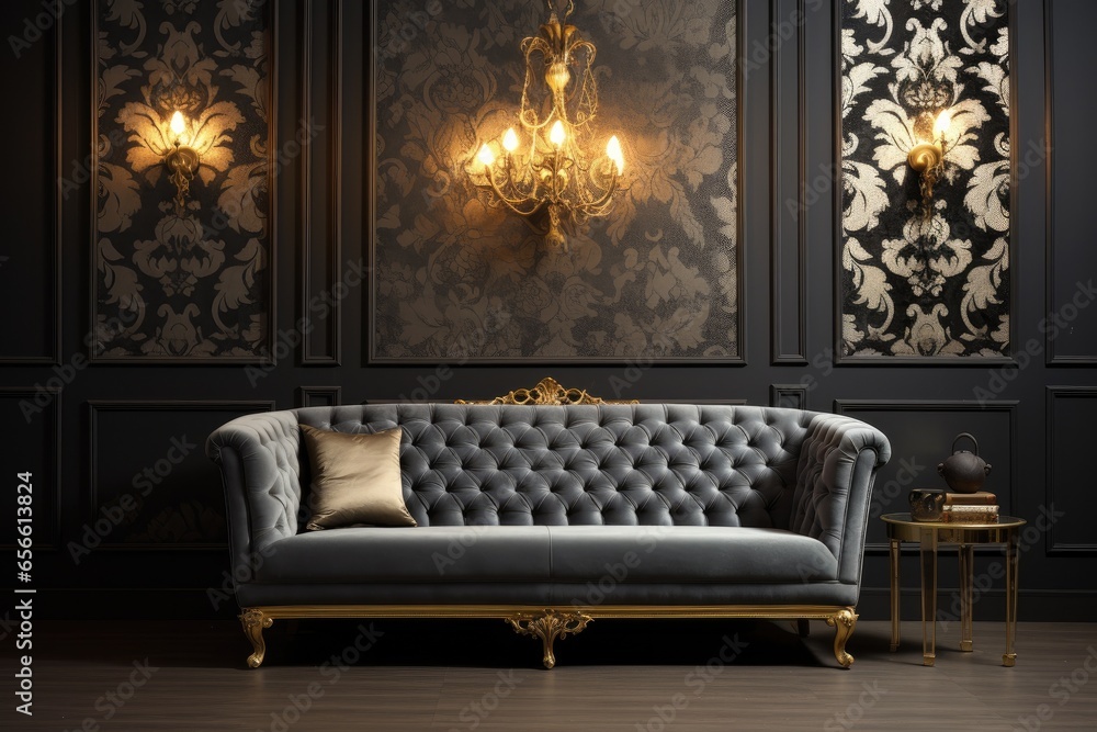 elegant interior room with an antique styled sofa and baroque wallpaper.  - obrazy, fototapety, plakaty 
