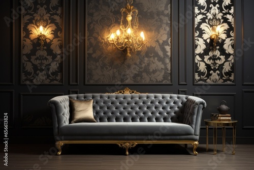 elegant interior room with an antique styled sofa and baroque wallpaper.  photo
