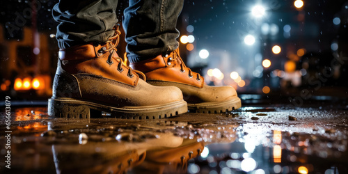 Construction worker's boots on wet ground with the construction site in the background illuminated at night. Сonstruction labor, safety, and work-related themes. photo