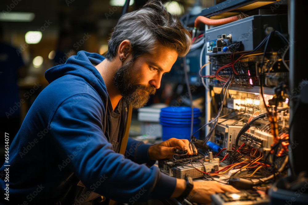 Crucial technician conducting network cabinet maintenance in a large enterprise.