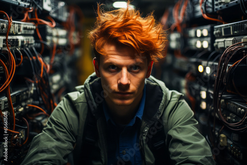 Perplexing panorama of man amidst labyrinthine network cabinet with overwhelming wires and cables.