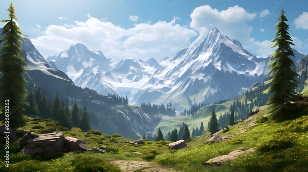 Panoramic view of the mountains and meadows. Mountain landscape.
