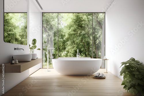 Compact minimalist bathroom with a white bath. Generated AI © MAKSIM MAKSIMOV