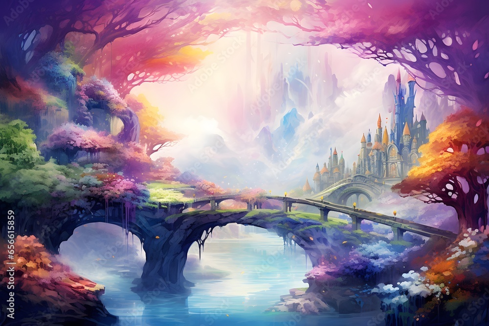 Beautiful fantasy landscape with river and bridge. Digital painting illustration.