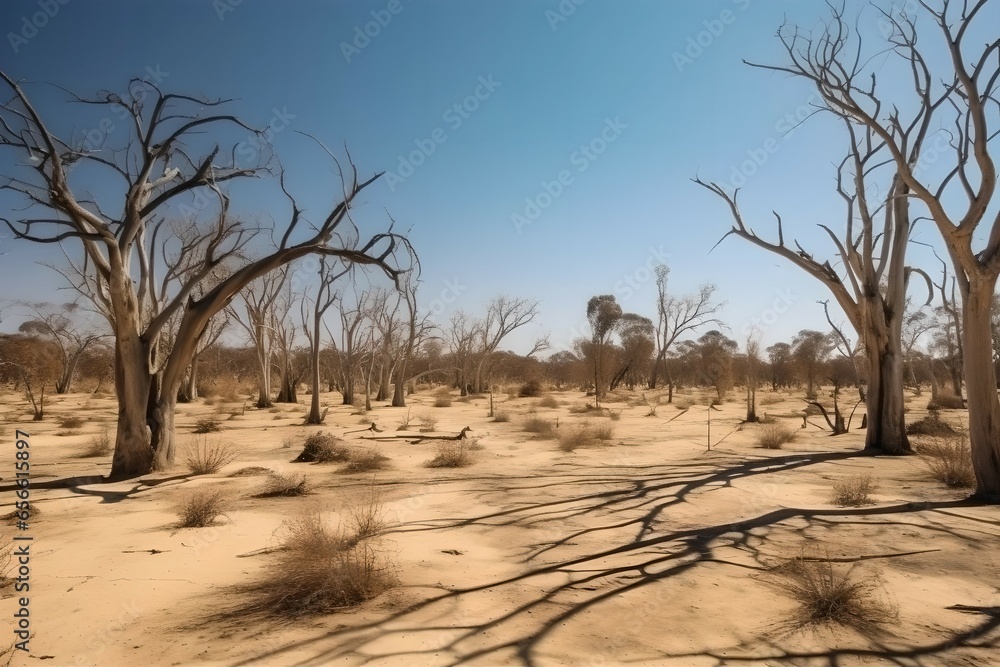 Dead Trees in Drought-Ridden Landscape Due to Global Warming, Generative AI Dead Trees in Drought-Ridden Landscape Due to Global Warming, Generative AI