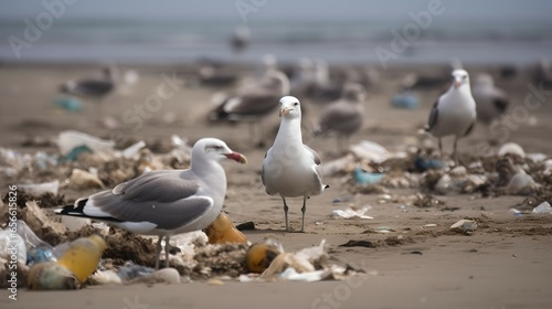 Seagulls Perched on Polluted Beach with Garbage, Generative AI