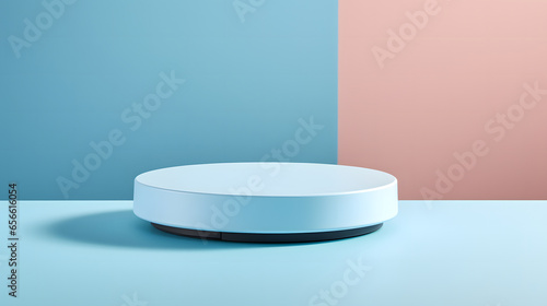 Empty blue podium for product display or product placement. Template for product advertising concept, scenes