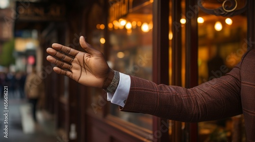A closeup of business man's hand, flipping the "open" sign on a storefront, welcoming customers