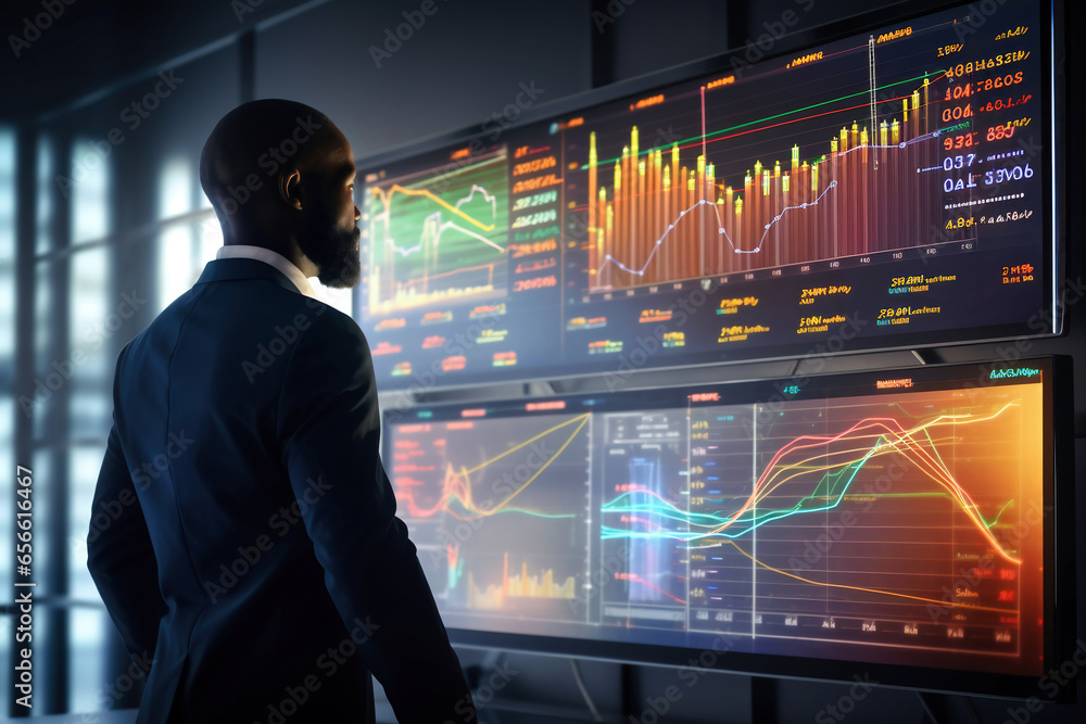 Photo of a man analyzing data on a large display of graphs Photo of a man analyzing data on a large display of graphs