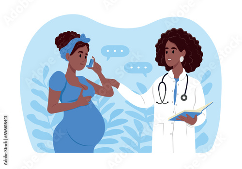The doctor tells a pregnant woman how to use an inhaler during an asthma attack. World Asthma Day. Allergy, asthmatic. Inhalation drug. Bronchial asthma.