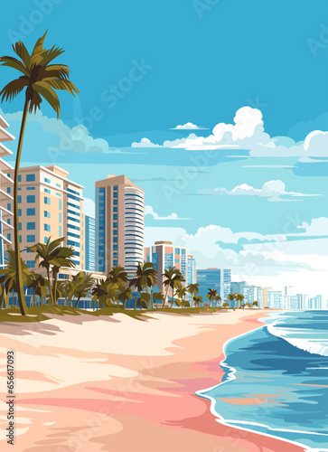 Miami resort city at sunset. Summer cityscape and sea shore with sand beach and palm trees, vector